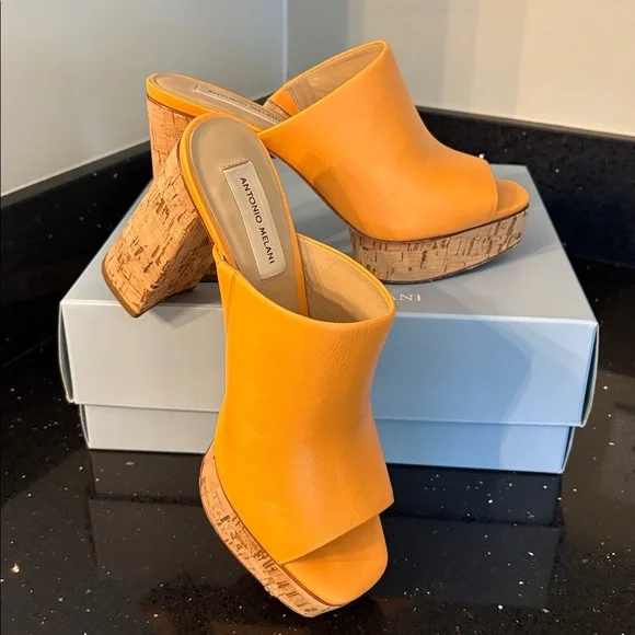 *Antonio Melani SARAYYAA Pale Peach Orange Cork Open Toe Heels Chunky Platforms - Picture 2 of 16